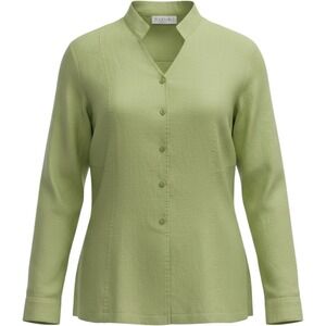 TOTOnKO Woman 100% Linen Button Down Shirt Chartreuse Green Plus Size 1X